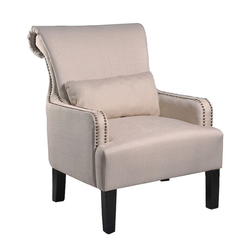 Grey/Beige Fabric/Foam/Wood Contemporary Nailhead Upholstered Club Chair - Beige/Espresso