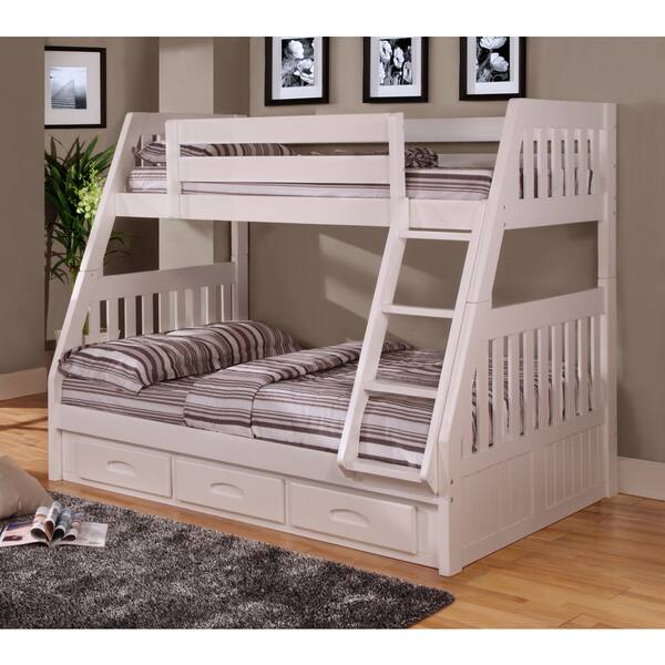 White Finish Pine Wood Twin Over Full Bunk Bed With Drawers And Matching 6 Drawer Entertainment Dresser