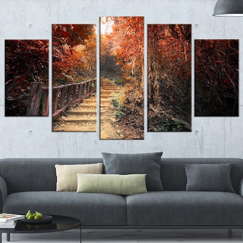 Stairway Through Red Fall Forest - Landscape Photography Wall Art