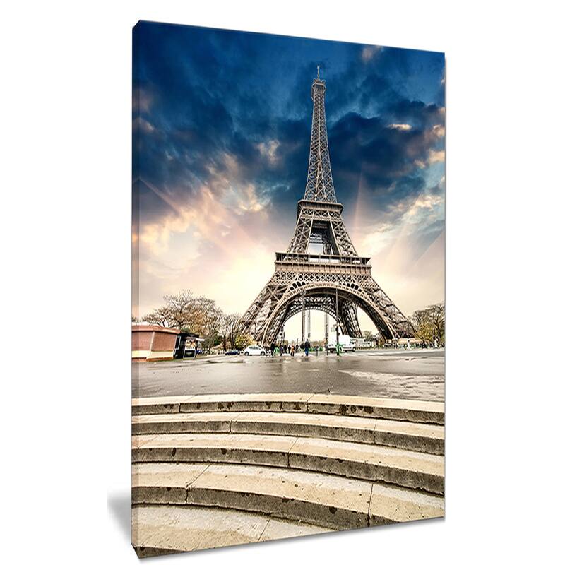 Eiffel Tower with Stairs - Landscape Large Wall Art - Blue