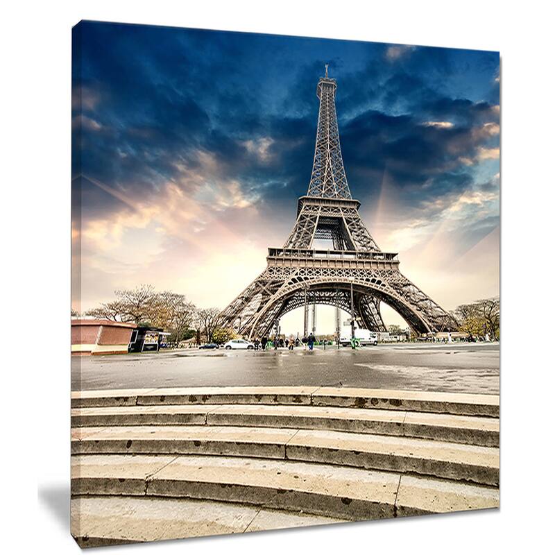 Eiffel Tower with Stairs - Landscape Large Wall Art - Blue