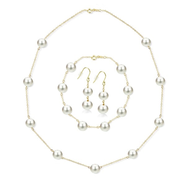 DaVonna 18k Gold over Silver Tin Cup Freshwater Pearl 3-Piece Jewelry Set