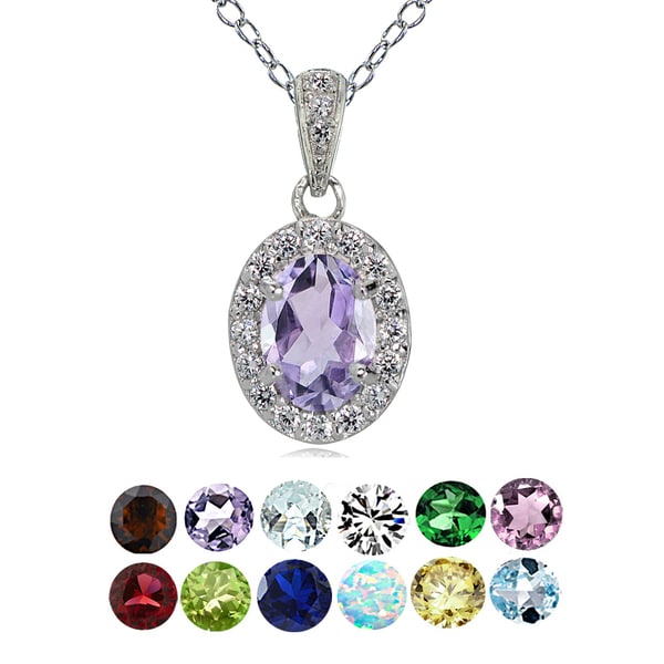 Glitzy Rocks Sterling Silver Gemstone Birthstone Oval Halo Necklace