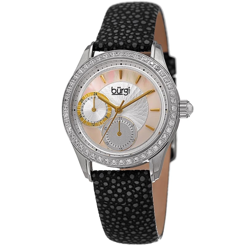Burgi Women's Quartz Multifunction Crystal Leather Black Strap Watch
