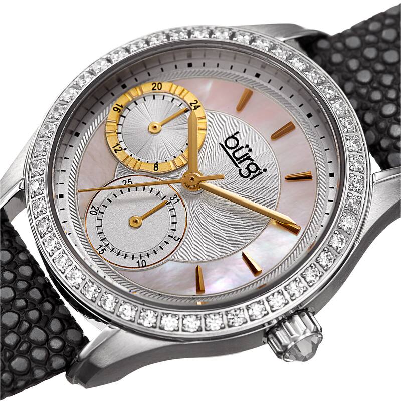 Burgi Women's Quartz Multifunction Crystal Leather Black Strap Watch