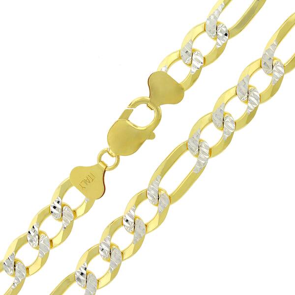 Italy .925 Sterling Silver 14k Yellow Gold 10mm Figaro Pave Link Chain Necklace