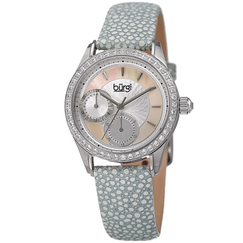 Burgi Women's Quartz Multifunction Crystal Leather Gray Strap Watch