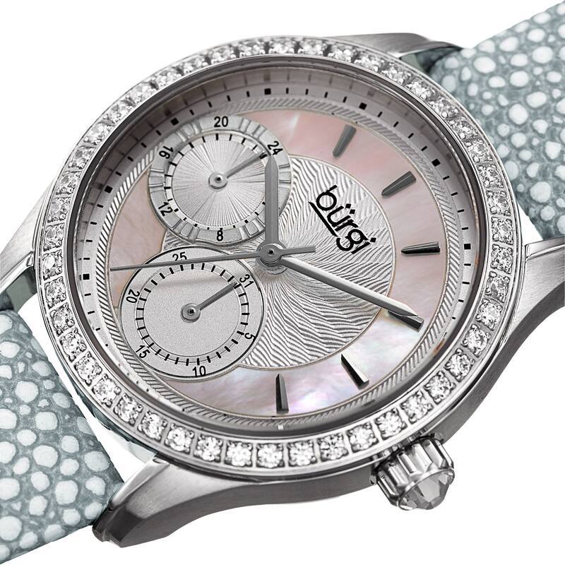 Burgi Women's Quartz Multifunction Crystal Leather Gray Strap Watch