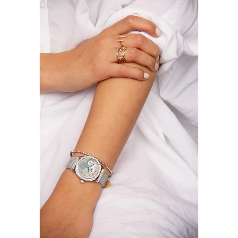 Burgi Women's Quartz Multifunction Crystal Leather Gray Strap Watch