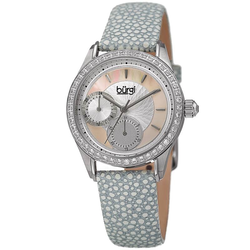 Burgi Women's Quartz Multifunction Crystal Leather Gray Strap Watch