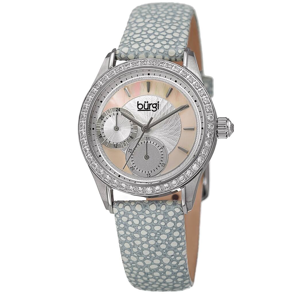Burgi Women's Quartz Multifunction Crystal Leather Gray Strap Watch