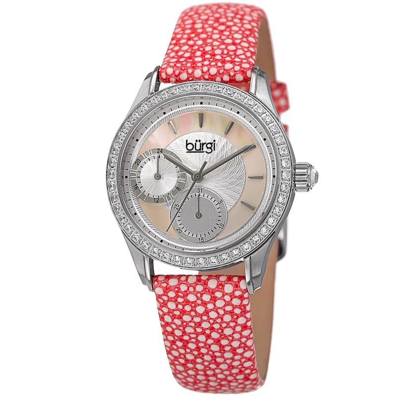 Burgi Women's Quartz Multifunction Crystal Leather Pink Strap Watch
