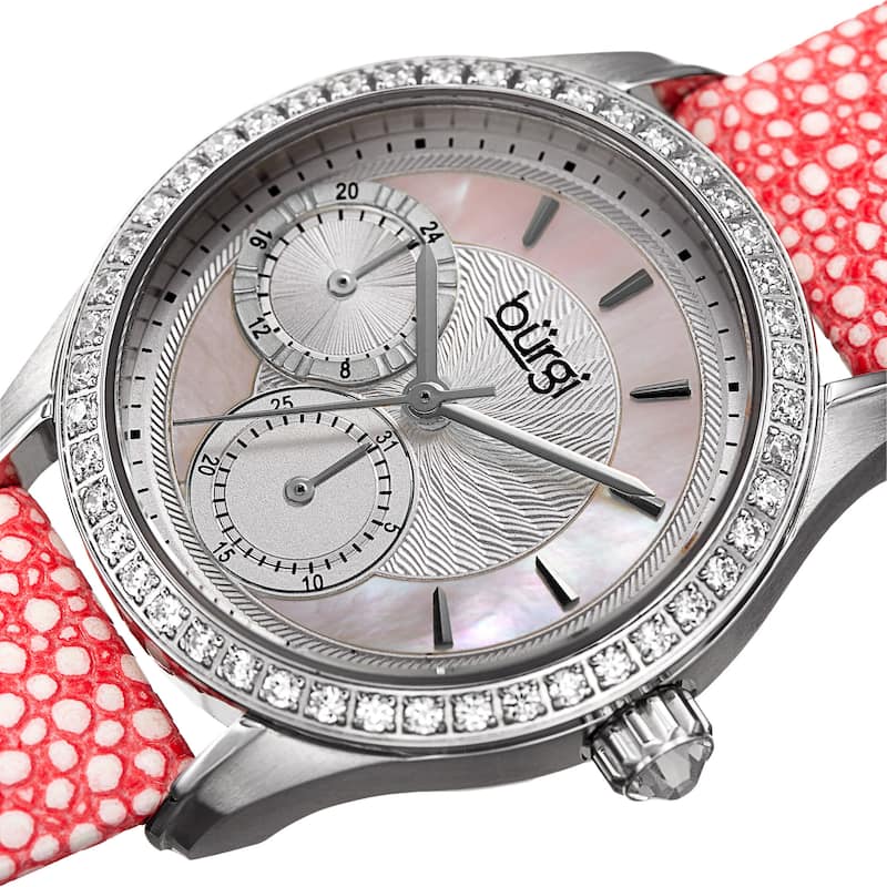 Burgi Women's Quartz Multifunction Crystal Leather Pink Strap Watch
