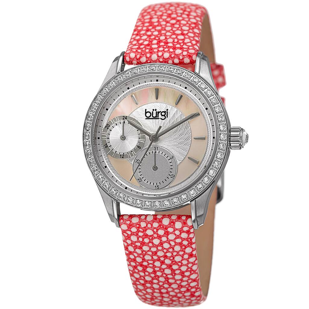 Burgi Women's Quartz Multifunction Crystal Leather Pink Strap Watch