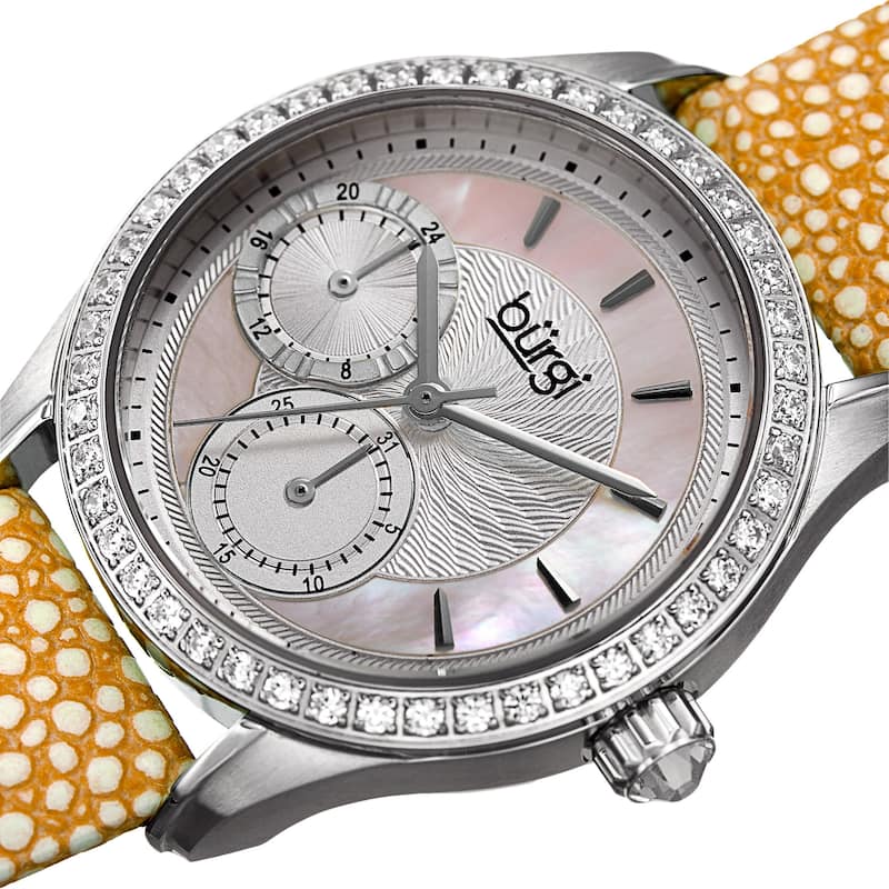 Burgi Women's Quartz Multifunction Crystal Leather Yellow Strap Watch