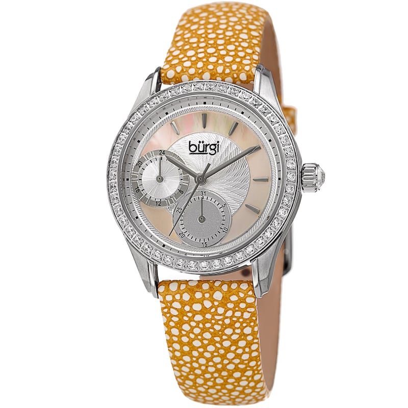 Burgi Women's Quartz Multifunction Crystal Leather Yellow Strap Watch