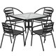 31.5-inch Square Glass Metal Table with 4 Metal Aluminum Slat Stack Chairs - Thumbnail 1