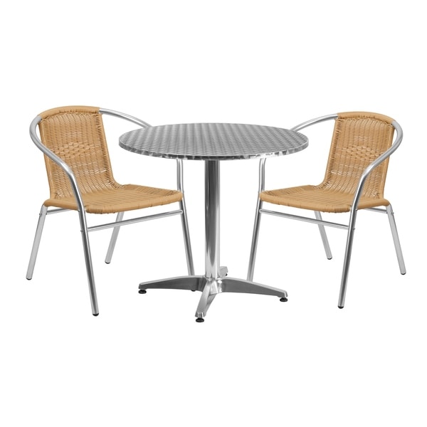 31.5'' Round Aluminum Indoor-Outdoor Table Set with 2 Rattan Chairs - 31.5"