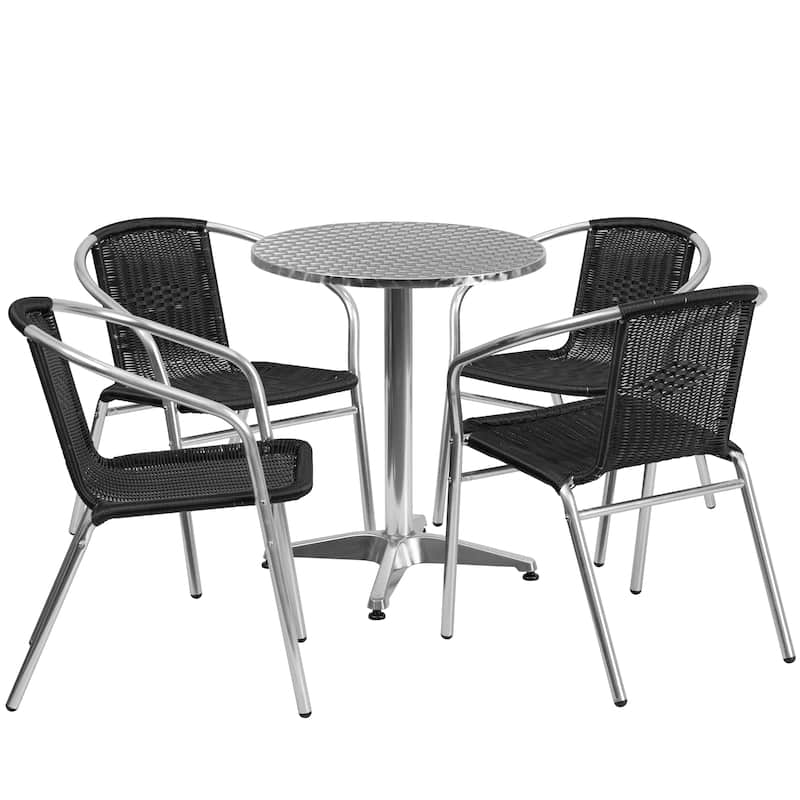 23.5-inch Round Aluminum Indoor-Outdoor Table with 4 Rattan Chairs - Black