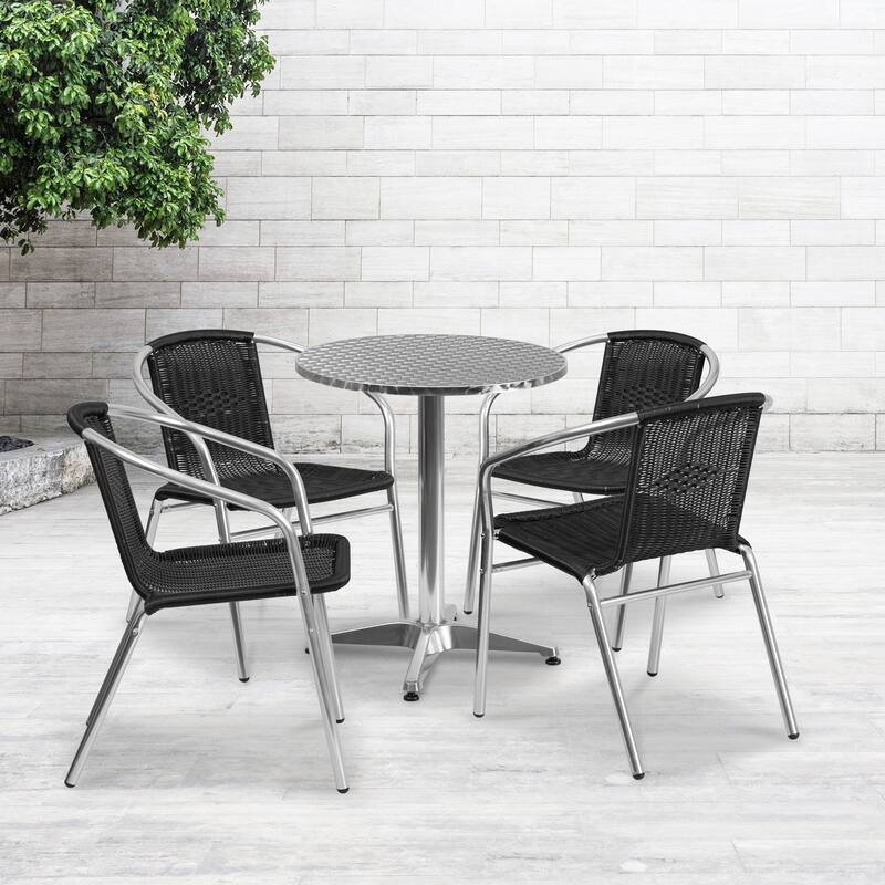 23.5-inch Round Aluminum Indoor-Outdoor Table with 4 Rattan Chairs