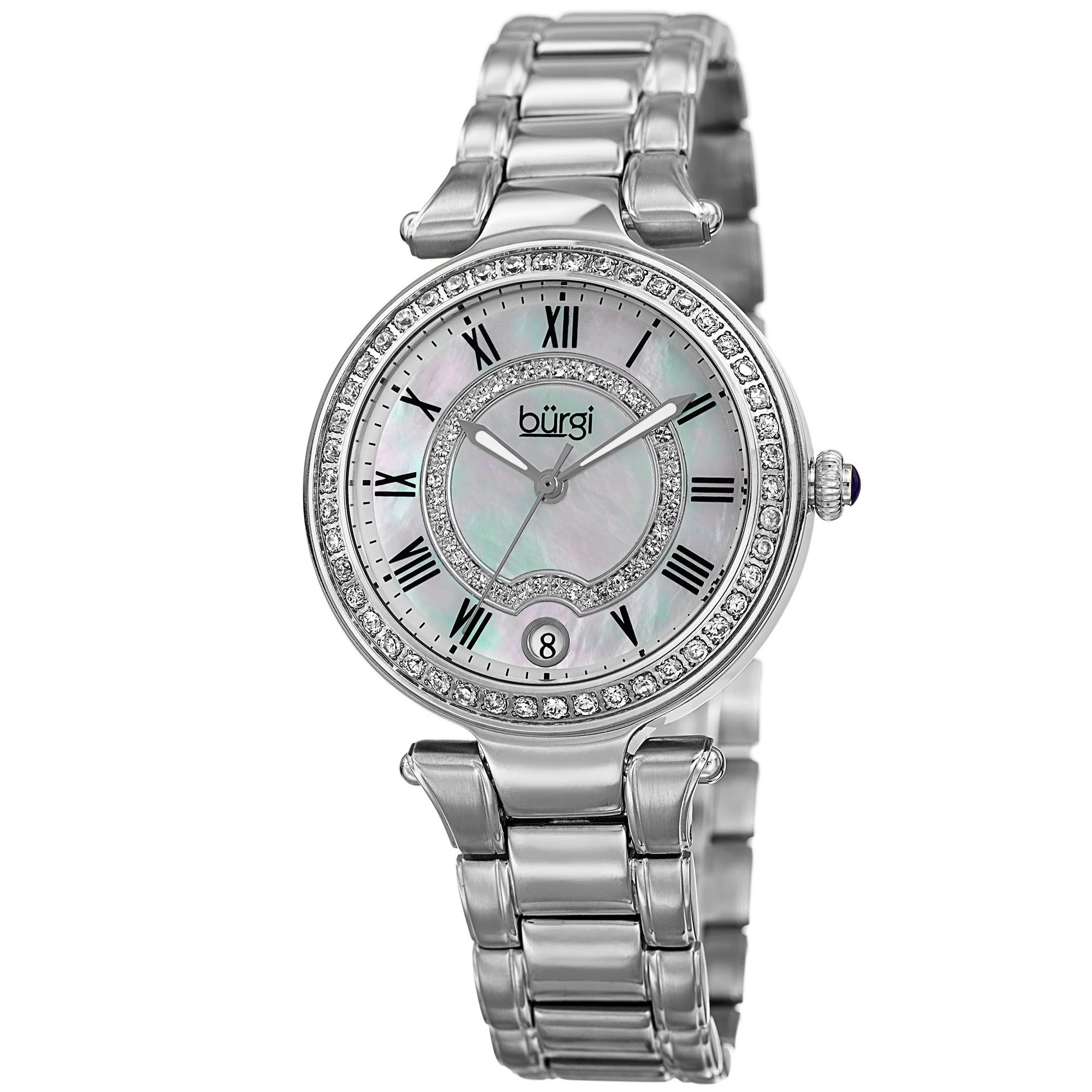 Burgi Women's Quartz Swarovski Crystal Stainless Steel Silver-Tone Bracelet Watch