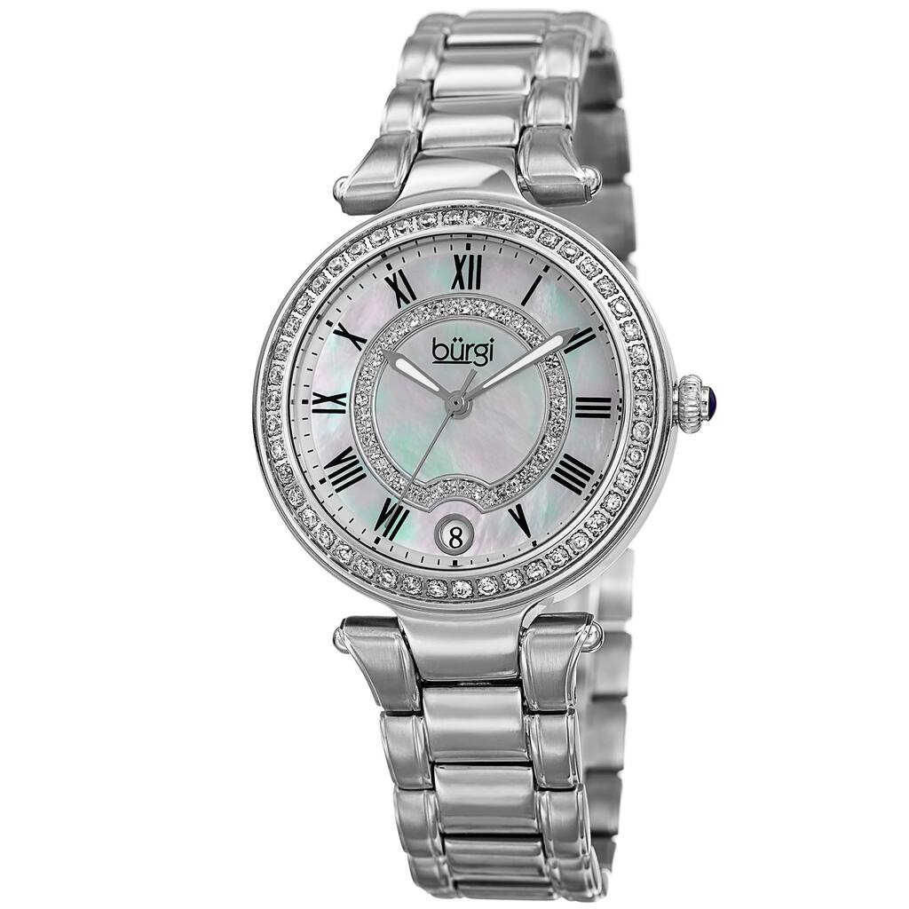 Burgi Women's Quartz Swarovski Crystal Stainless Steel Silver-Tone Bracelet Watch