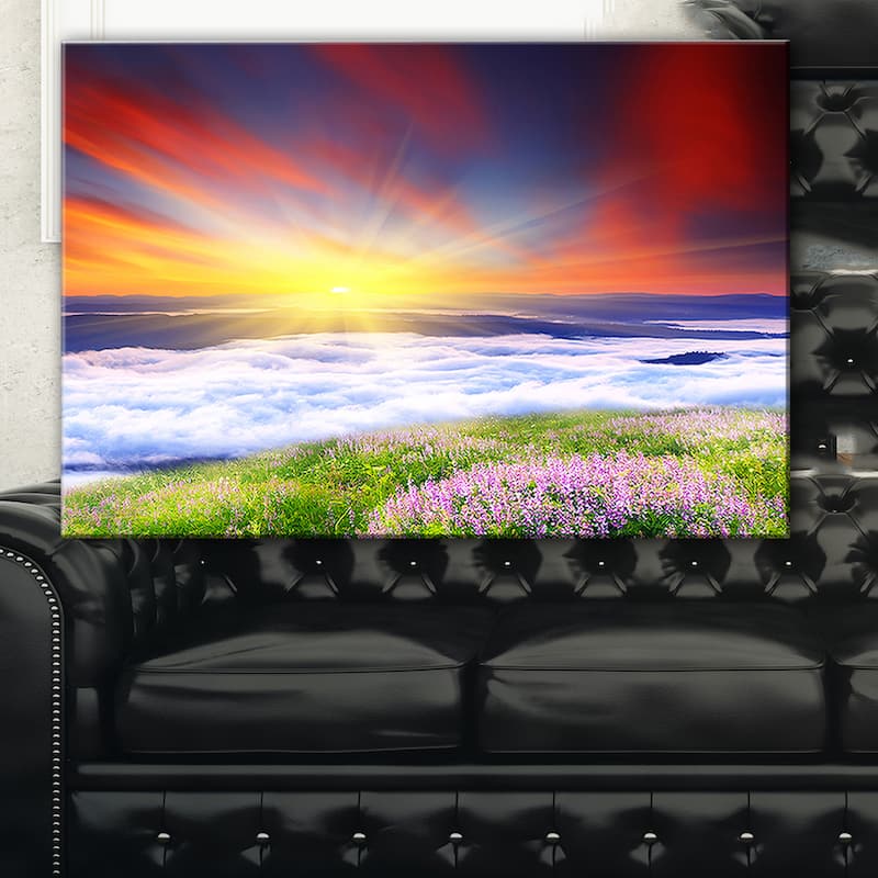 Sunrise with Blooming Flowers - Landscape Art Canvas Print - Red - Bed ...