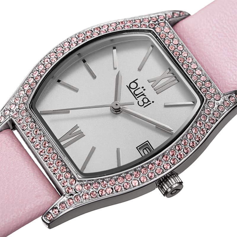 Burgi Women's Quartz Swarovski Crystal Leather Pink Strap Watch