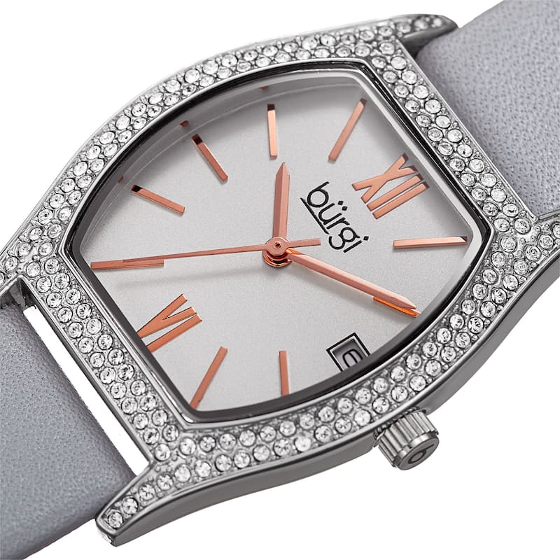 Burgi Women's Quartz Swarovski Crystal Leather Gray Strap Watch