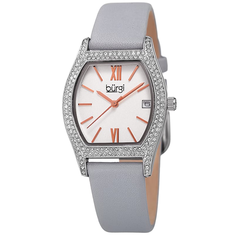 Burgi Women's Quartz Swarovski Crystal Leather Gray Strap Watch