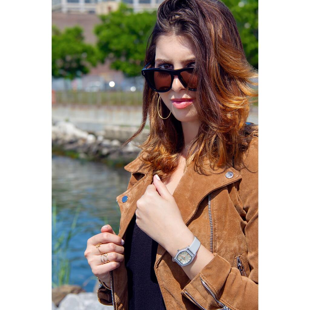 Burgi Women's Quartz Swarovski Crystal Leather Gray Strap Watch