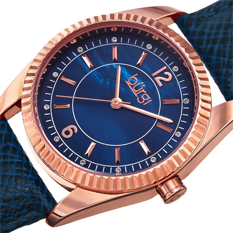 Burgi Women's Quartz Crystal Easy-to-Read Blue Leather Strap Watch