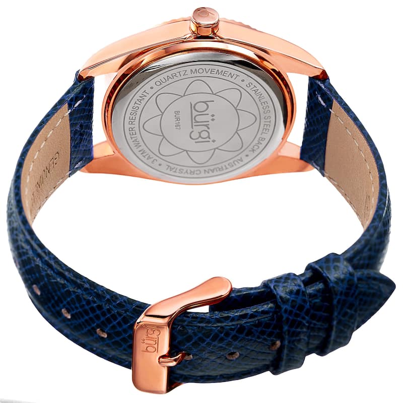 Burgi Women's Quartz Crystal Easy-to-Read Blue Leather Strap Watch