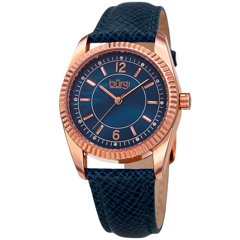 Burgi Women's Quartz Crystal Easy-to-Read Blue Leather Strap Watch