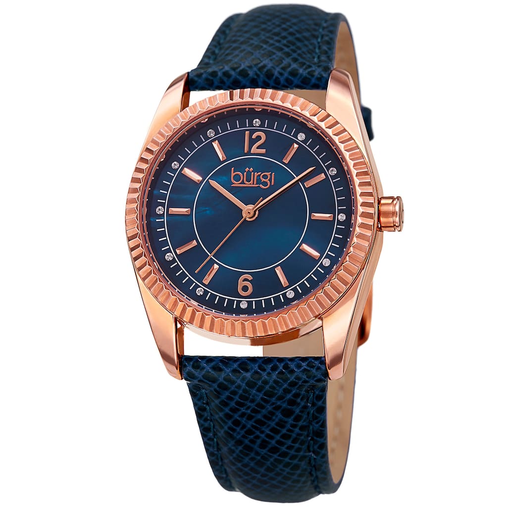 Burgi Women's Quartz Crystal Easy-to-Read Blue Leather Strap Watch