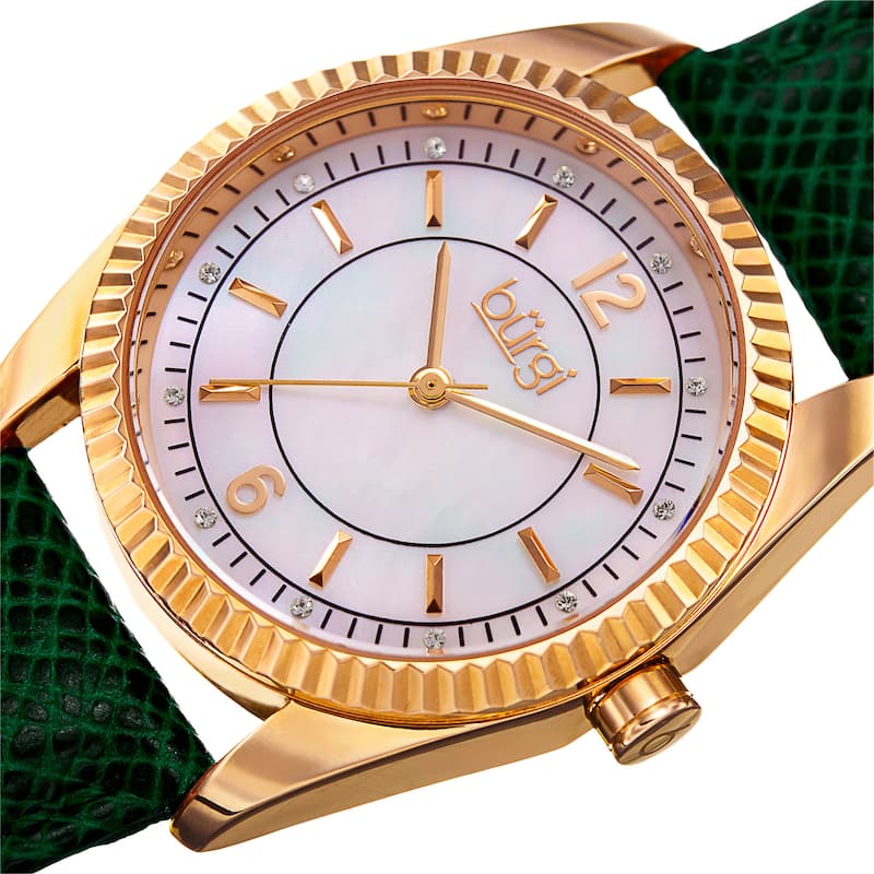 Burgi Women's Quartz Crystal Easy-to-Read Green Leather Strap Watch