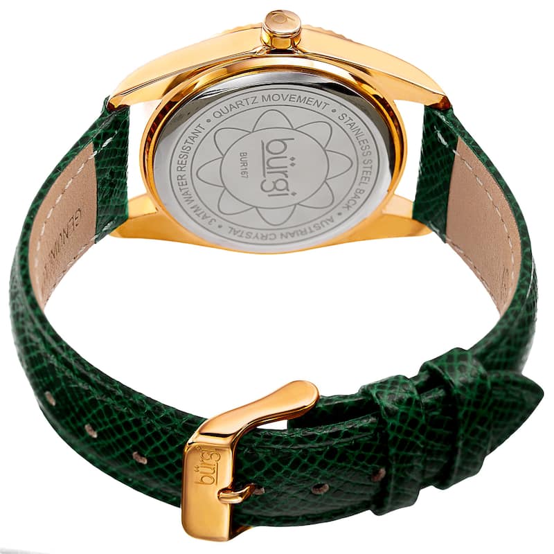 Burgi Women's Quartz Crystal Easy-to-Read Green Leather Strap Watch