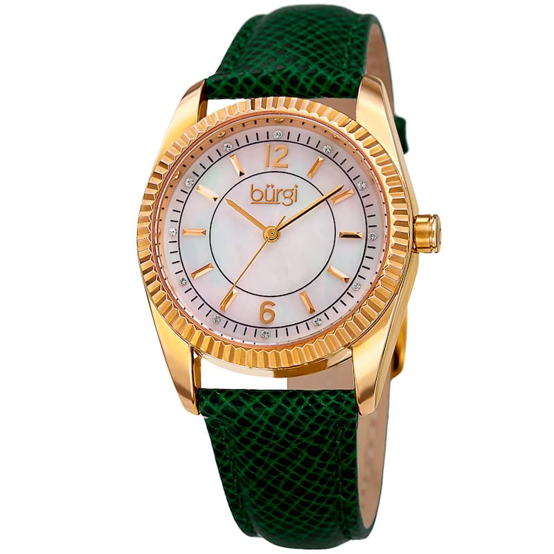 Burgi Women's Quartz Crystal Easy-to-Read Green Leather Strap Watch