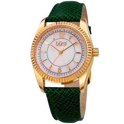 Burgi Women's Quartz Crystal Easy-to-Read Green Leather Strap Watch