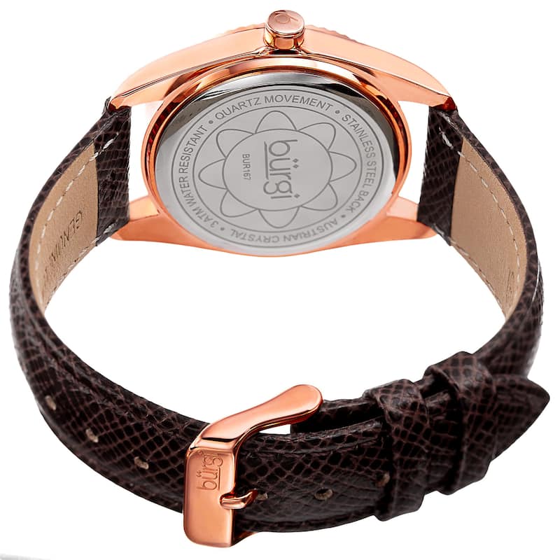 Burgi Women's Quartz Crystal Easy-to-Read Brown Leather Strap Watch