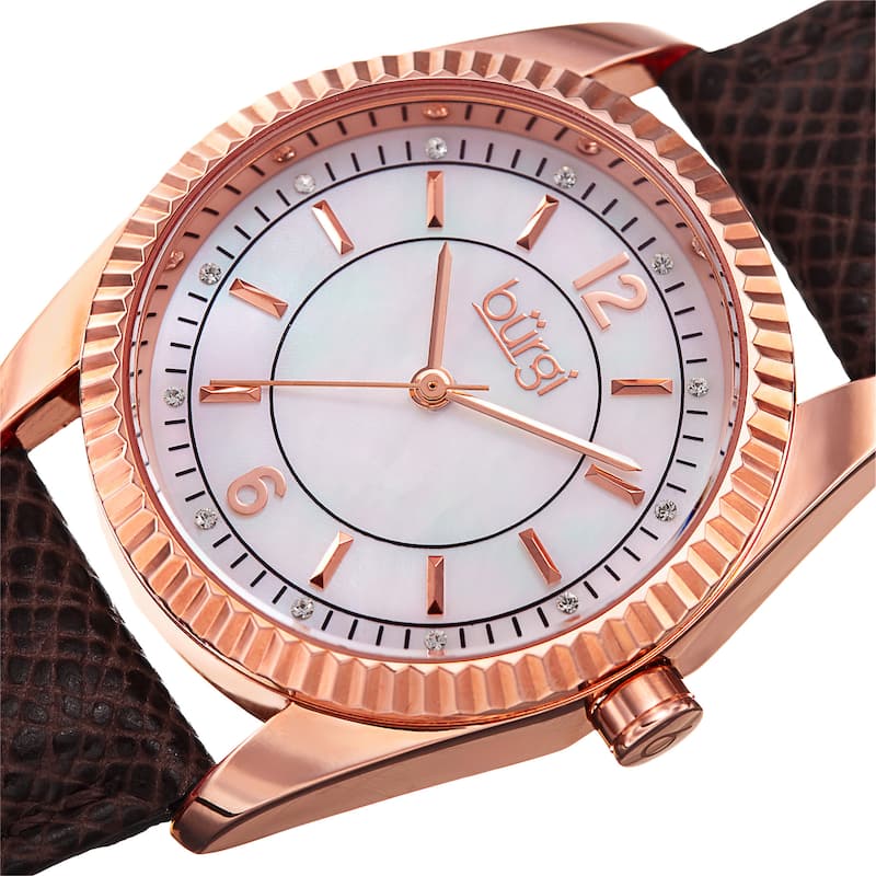 Burgi Women's Quartz Crystal Easy-to-Read Brown Leather Strap Watch