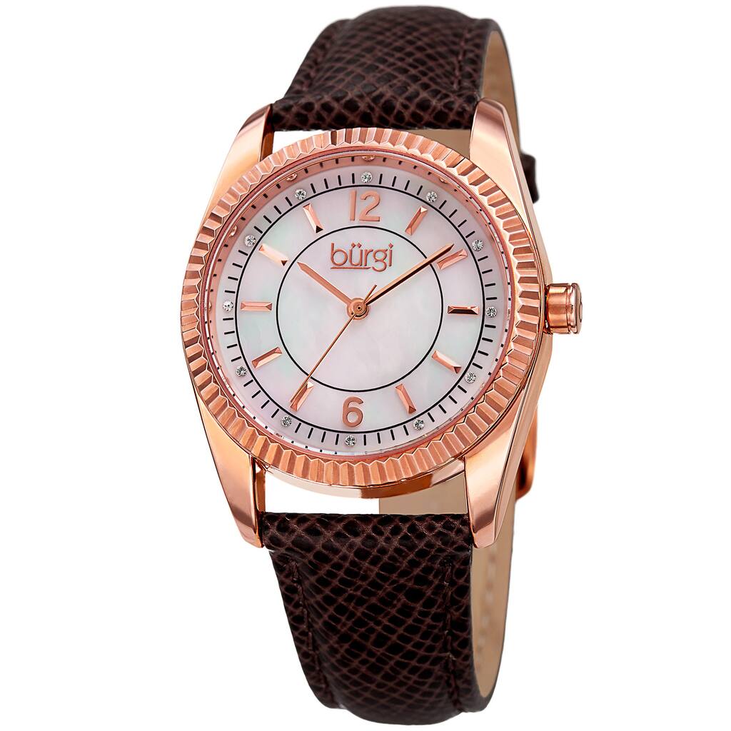 Burgi Women's Quartz Crystal Easy-to-Read Brown Leather Strap Watch