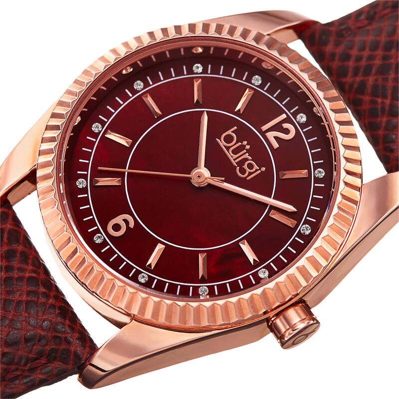 Burgi Women's Quartz Crystal Easy-to-Read Red Leather Strap Watch