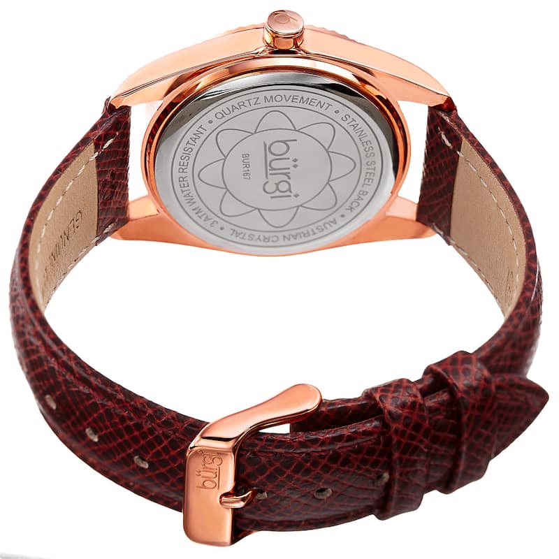 Burgi Women's Quartz Crystal Easy-to-Read Red Leather Strap Watch