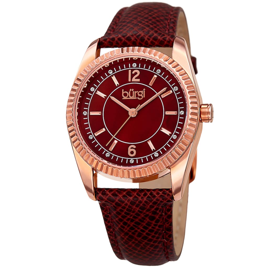 Burgi Women's Quartz Crystal Easy-to-Read Red Leather Strap Watch