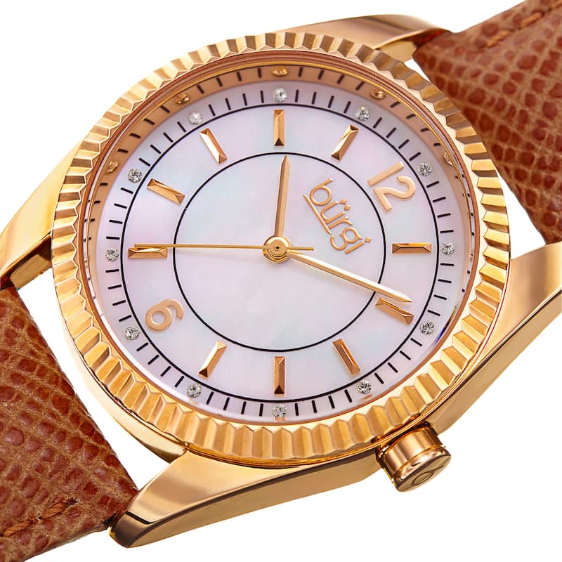 Burgi Women's Quartz Crystal Easy-to-Read Tan Leather Strap Watch