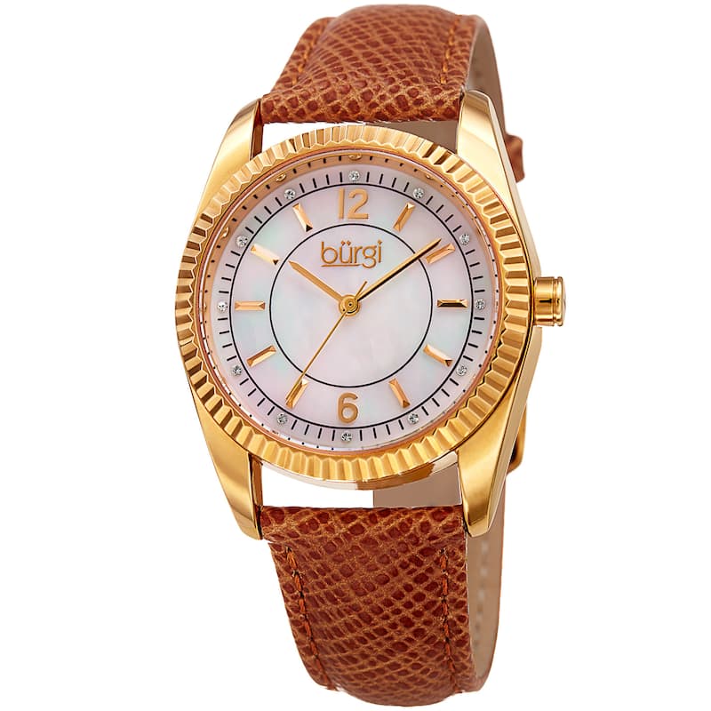Burgi Women's Quartz Crystal Easy-to-Read Tan Leather Strap Watch