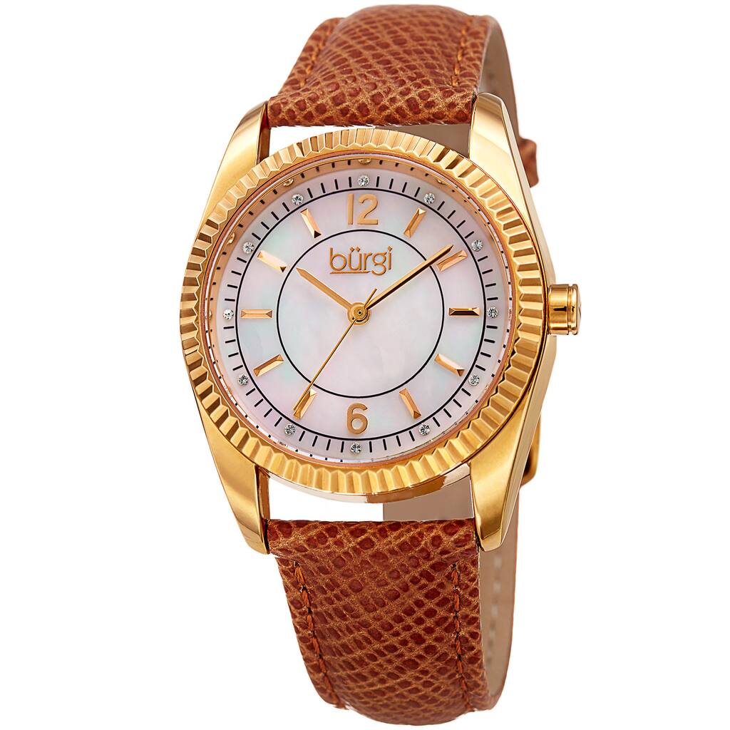Burgi Women's Quartz Crystal Easy-to-Read Tan Leather Strap Watch