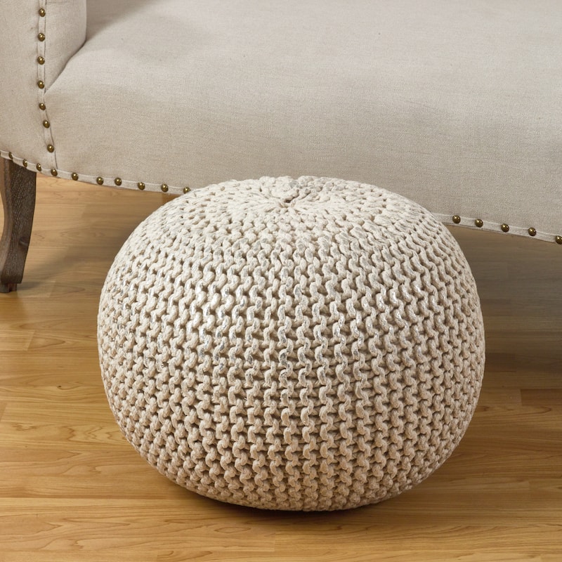 Cotton Twisted Foil Print Rope Pouf - Silver