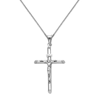 14K White Gold Jesus Crucifix Cross Religious Charm Pendant with 0.8mm Box Chain Necklace 